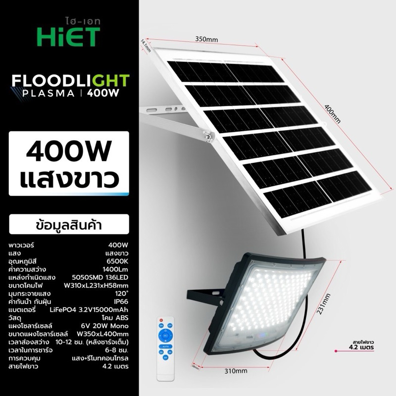 โคมฟลัดไลท์โซล่าเซลล์รุ่นพลาสม่าขนาด100W,200W,300W,400W.6500Kยี่ห้อHIET