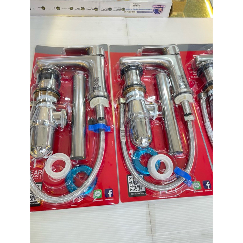 ก็อกอ่างล้างหน้าสแตนเลสพร้อมอุปกรณ์ท่อน้ำทิ้งสายน้ำดีเทปพันเกลียวครบชุด