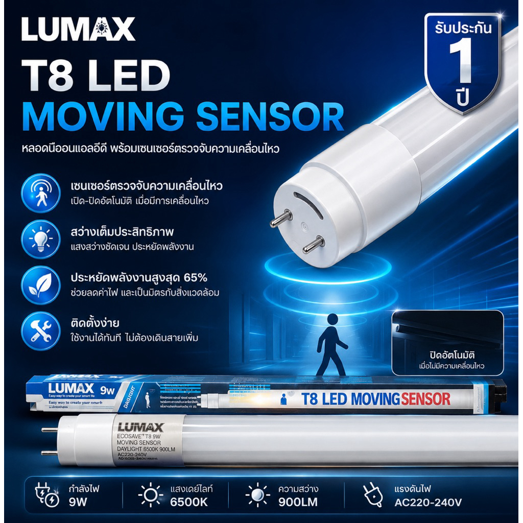 ✨ LUMAX T8 LED MOVING SENSOR ✨ หลอดนีออน LED อัจฉริยะ พร้อมเซนเซอร์ตรวจจับความเคลื่อนไหว เปิด-ปิดอัตโนมัติ