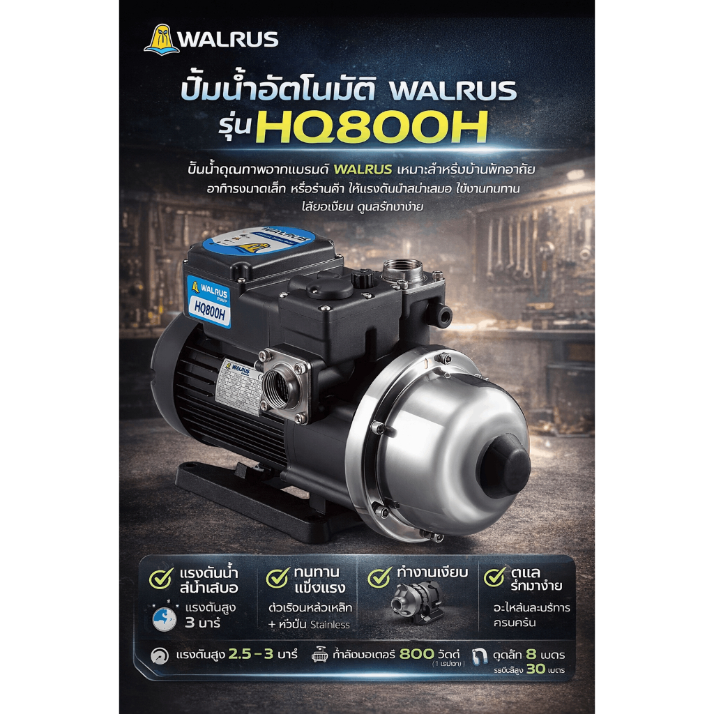 WALRUS ปั๊มน้ำอัตโนมัติ HQ SERIESรุ่นใหม่ล่าสุดใบพัดสแตนเลส SUS304 ของแท้ มีรับประกัน10ปี