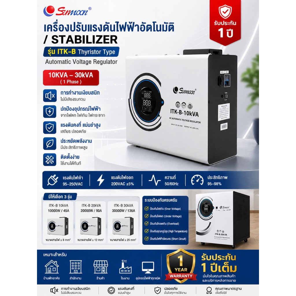 ครื่องปรับแรงดันไฟฟ้าอัตโนมัติซันมูน รุ่น ITK-B (10KVA / 20KVA / 30KVA) Stabilizer 1 เฟส | ระบบ Thyristor ไฟเข้า95-250V.