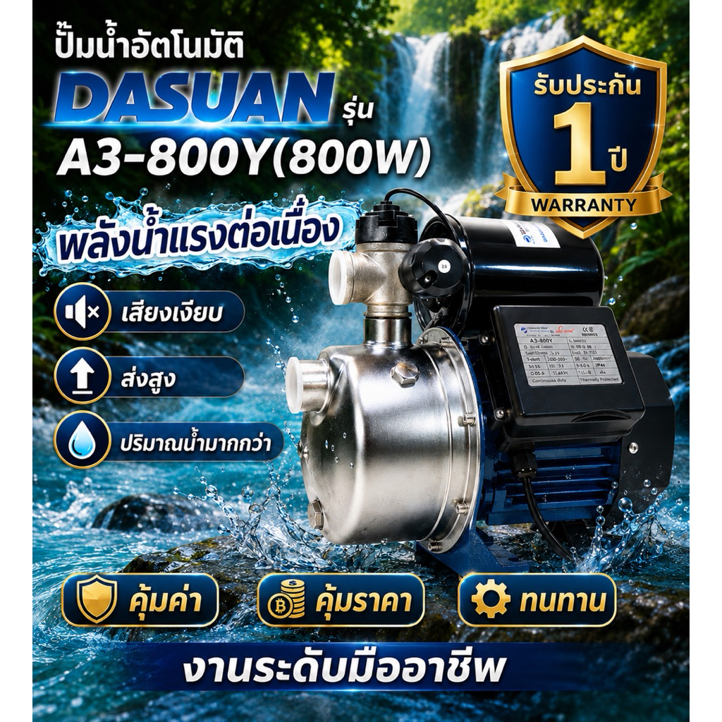 💦 ปั๊มน้ำอัตโนมัติ DASUAN รุ่น A3-800Y (800W) พลังแรง น้ำไหลต่อเนื่อง เสียงเงียบ ใช้งานได้ทั้งบ้านและงานมืออาชีพ