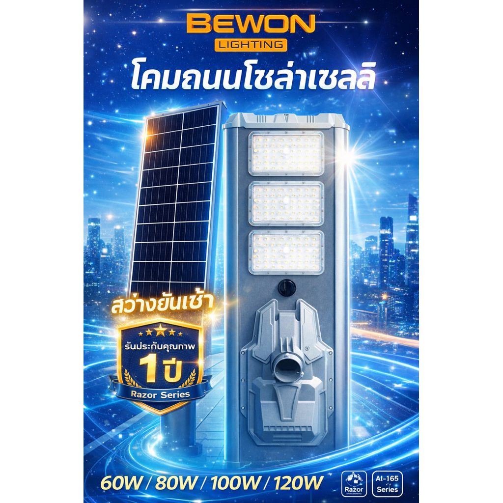 BEWON โคมไฟถนนSolarcellรุ่นRazer-seriesขนาด60W,80W,100W,120W.สว่างทั้งซอยติดนานยันเช้า