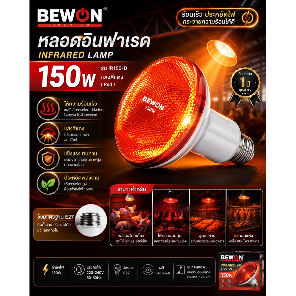 หลอดอินฟาเรด B1 (BEWON) 150W ให้ความร้อนสม่ำเสมอ คุณภาพสูง เหมาะสำหรับงานฟาร์ม งานอาหาร และงานอุตสาหกรรม