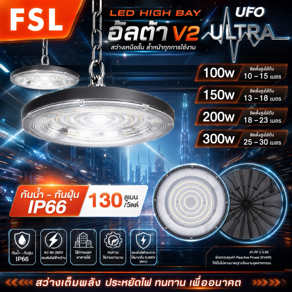 FSL LED HIGH BAY ULTRA V2 ,100W.150W,200W.300W.สว่างเต็มกำลัง ประหยัดไฟ ทนทานทุกสภาพงาน