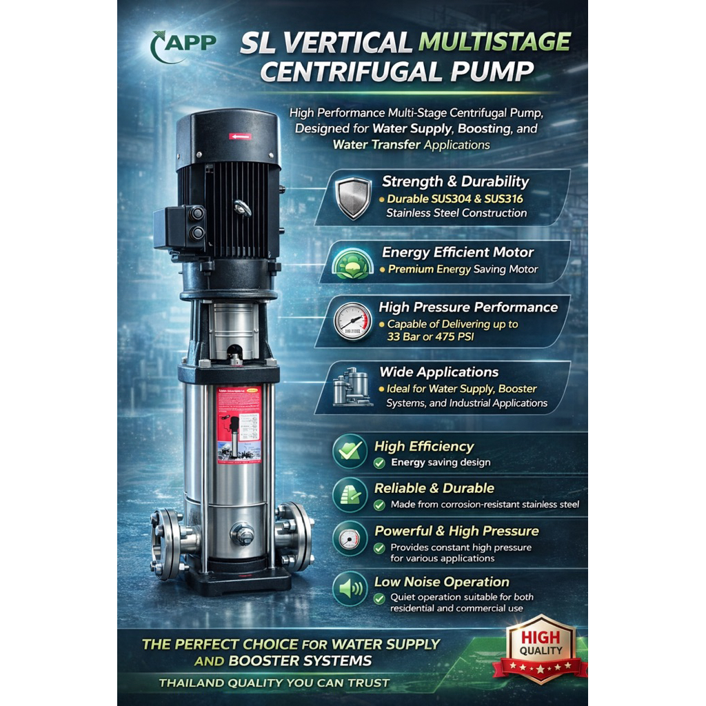 ปั๊มน้ำสแตนเลสแนวตั้งหลายใบพัด  APP รุ่น MTVS Series  (Stainless Steel Vertical Multistage Pump)