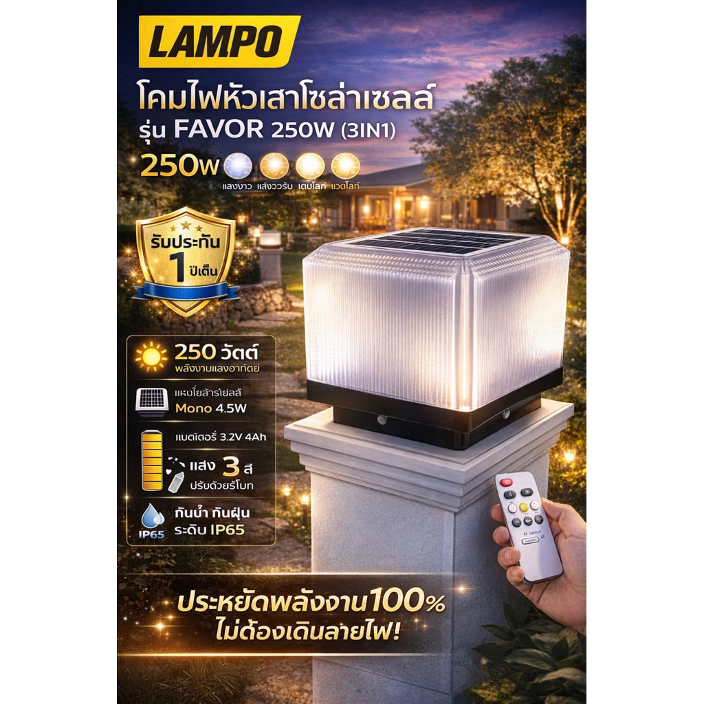 โคมไฟหัวเสาโซล่าเซลล์ LAMPO รุ่น FAVOR 250W (3IN1)