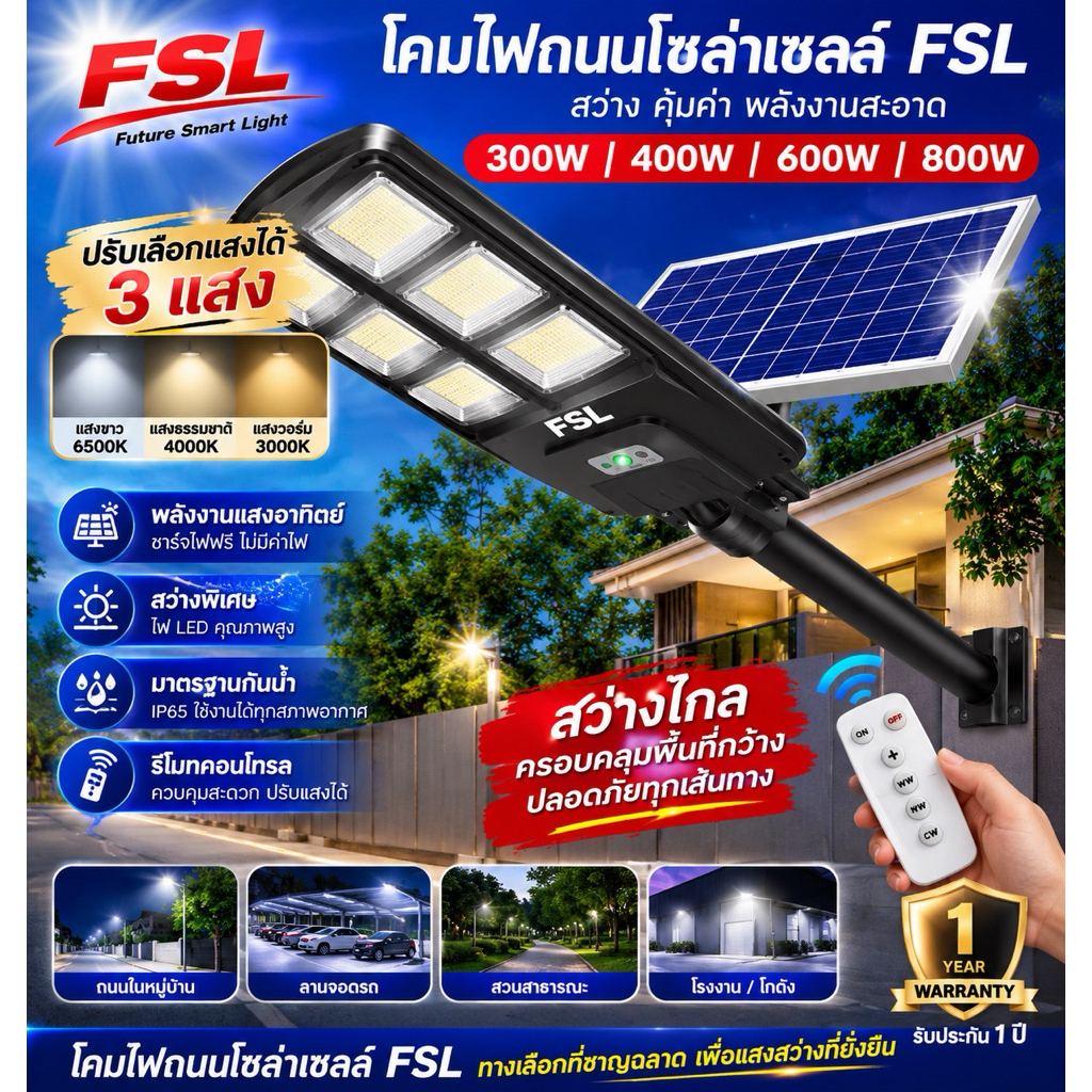โคมไฟถนนโซล่าเซลล์ FSL ปรับแสงได้ 3 แสง รุ่น 300W / 400W / 600W / 800W  ☀️ สว่างเต็มประสิทธิภาพ ประหยัดค่าไฟ ติดตั้งง่าย