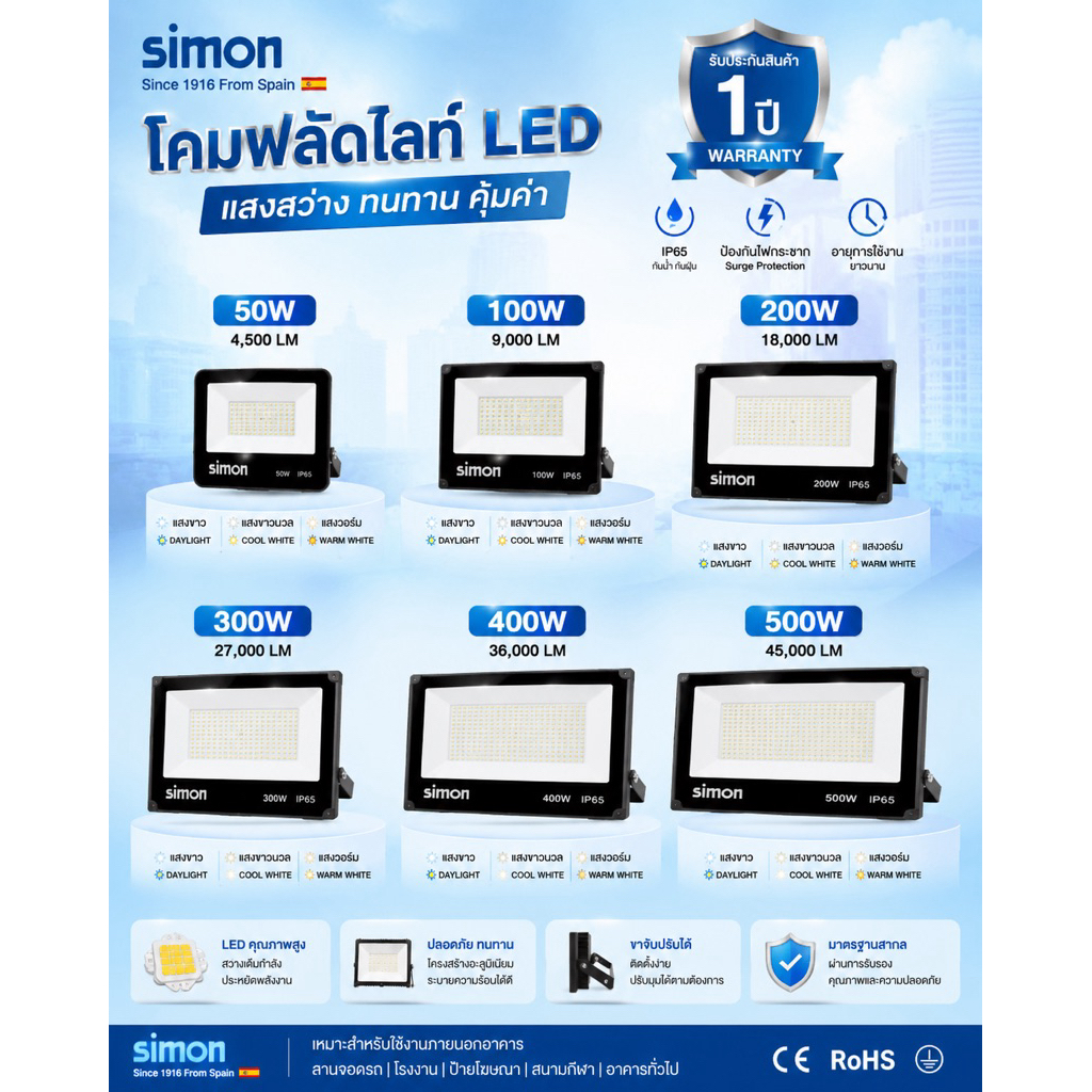 Simon LED Flood Light ปรับได้3แสงในโคมเดียว50W.100W.200W.300W.400W.500W. สว่างเต็มกำลัง ประหยัดไฟ ทนทุกสภาพอากาศ