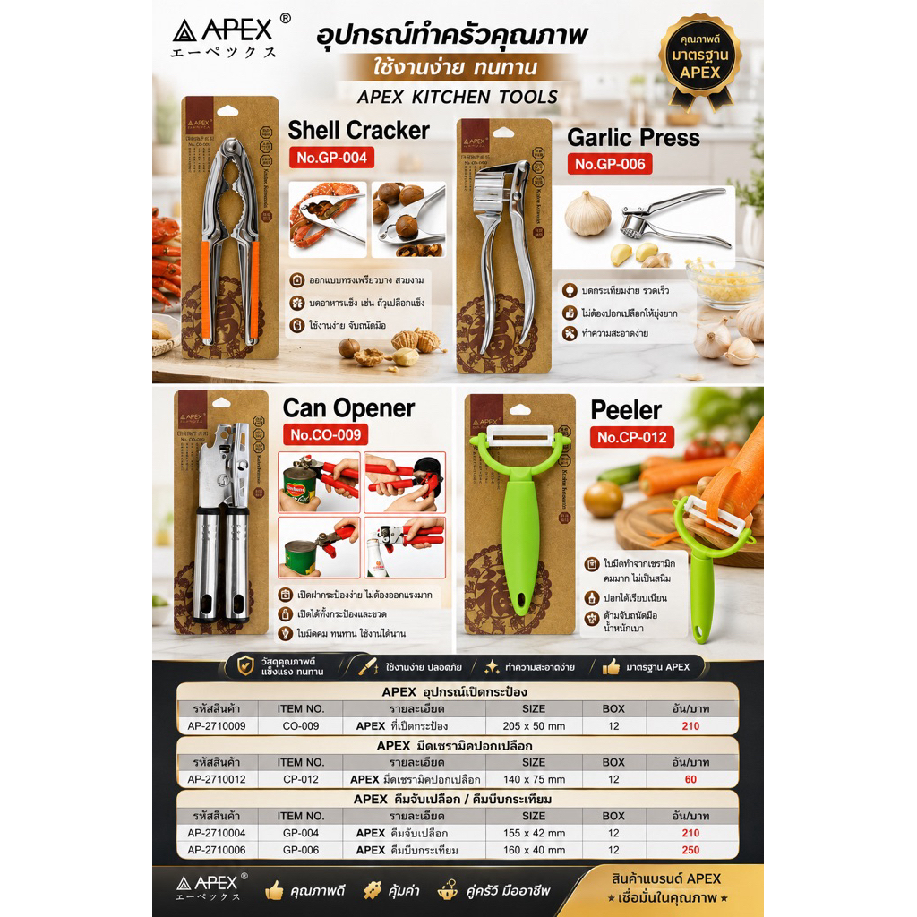 APEX Kitchen Tools ผู้ช่วยงานครัวที่ทุกบ้านควรมี! ครบทั้งคีมบีบเปลือก คีมบีกระเทียม ที่เปิดกระป๋องและมีดปอกเปลือกเซรามิก