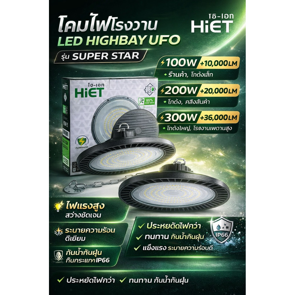โคมไฟโรงงาน LED Highbay UFO HIET รุ่น SUPER STARขนาด100W,200W,300W.คุณภาพเกินราคาประกัน2ปี