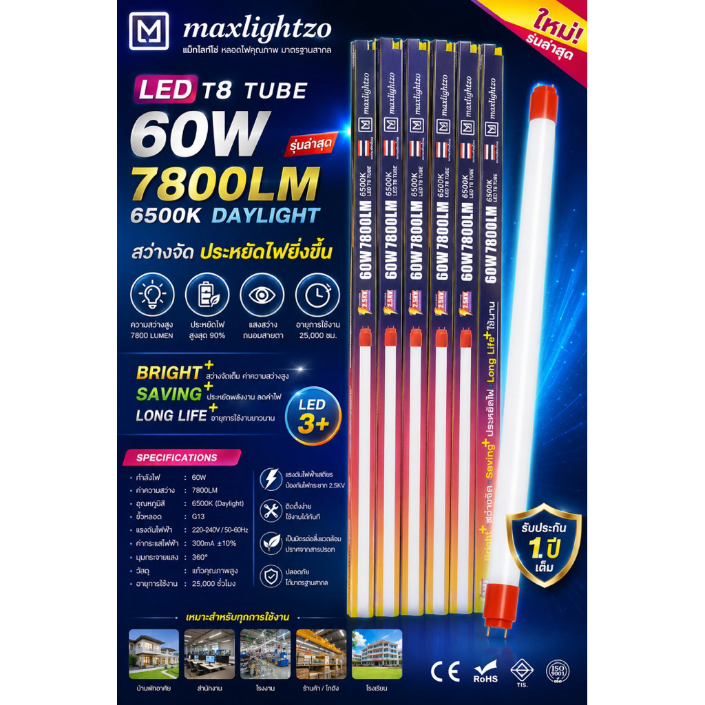 หลอด LED T8 Maxlightzo รุ่นล่าสุด  60W | 7,800 Lumens | Daylight 6500K  💡 สว่างเต็มกำลัง ประหยัดไฟ ใช้งานได้ยาวนาน