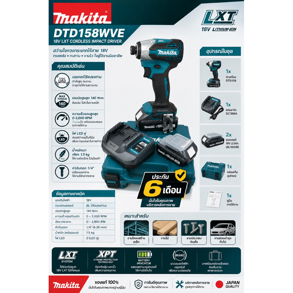 Makita DTD158WVE สว่านกระแทกไร้สาย 18V BL Motor  ครบชุด พร้อมใช้งาน