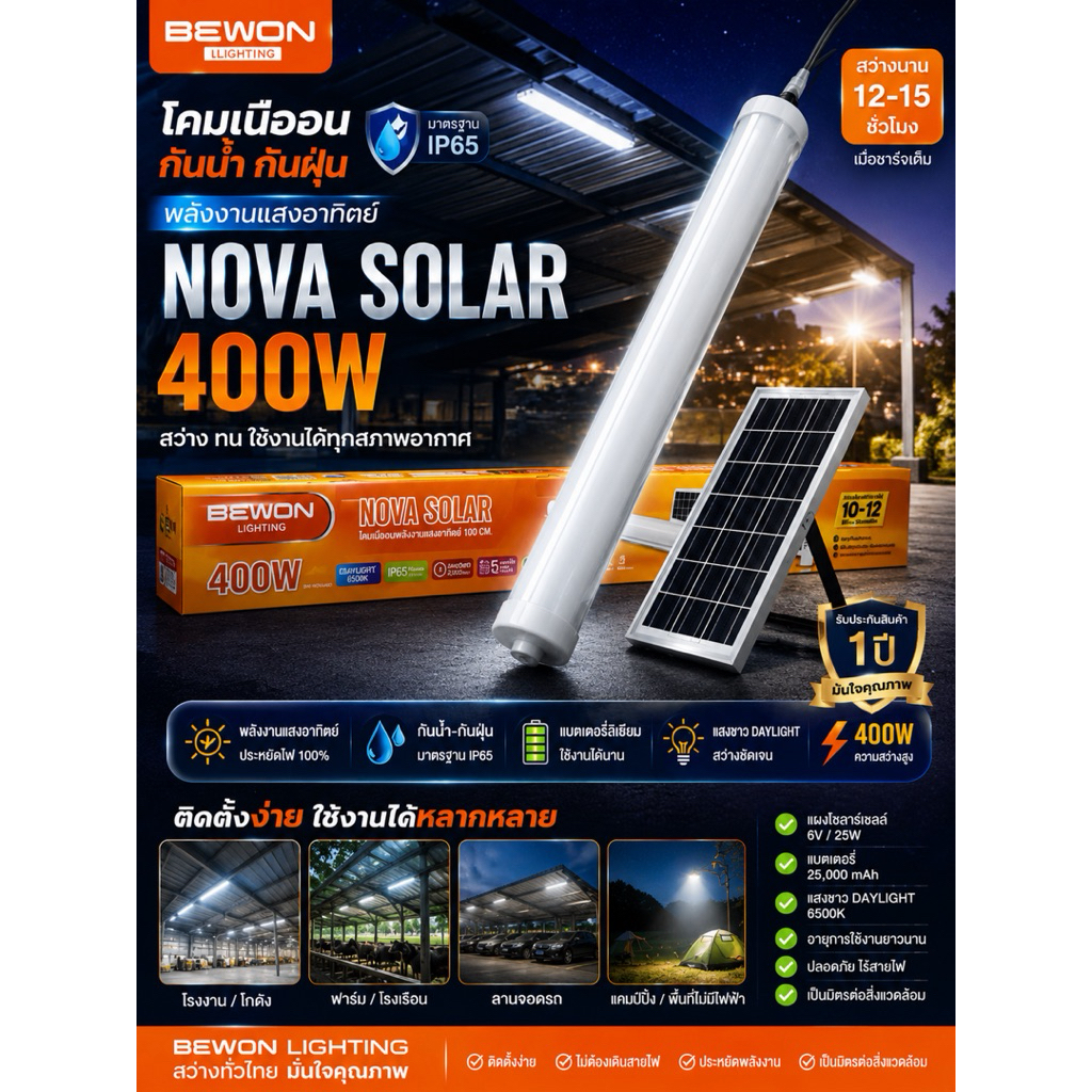 โคมกันน้ำกันฝุ่นโซล่า BEWON NOVA SOLAR 400W  สว่างคุ้มค่า ติดตั้งง่าย ไม่ต้องเดินสายไฟ  เปลี่ยนทุกพื้นที่ให้สว่าง