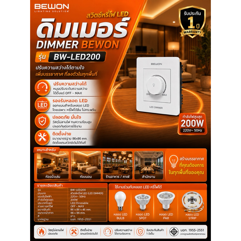 ดิมเมอร์หรี่ไฟ LED BEWON รุ่น BW-LED200  ปรับแสงได้ตามใจ สร้างบรรยากาศได้ทุกพื้นที่
