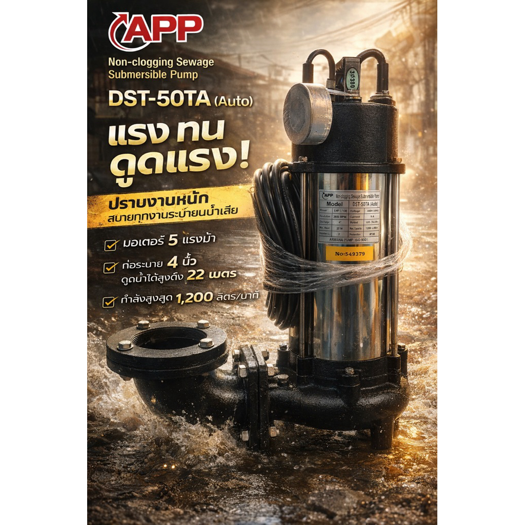ปั๊มจุ่มดูดน้ำเสีย APP รุ่น DST-50TA (Auto) แรงจริง ลุยงานหนักได้สบาย