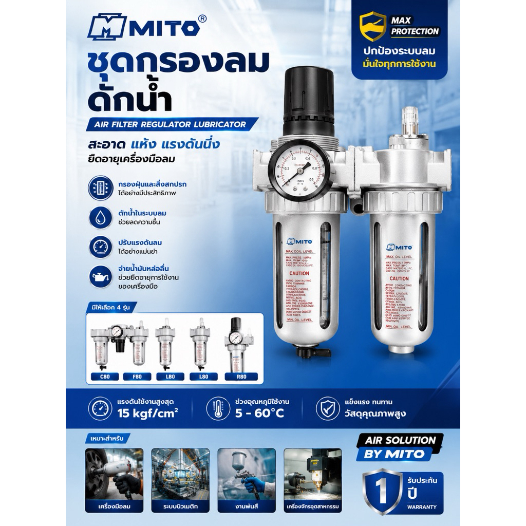 ชุดกรองลมดักน้ำ MITO (Air Filter Regulator Lubricator - F)  คุณภาพมาตรฐานอุตสาหกรรม ลมสะอาด แรงดันคงที่ ยืดอายุเครื่อง