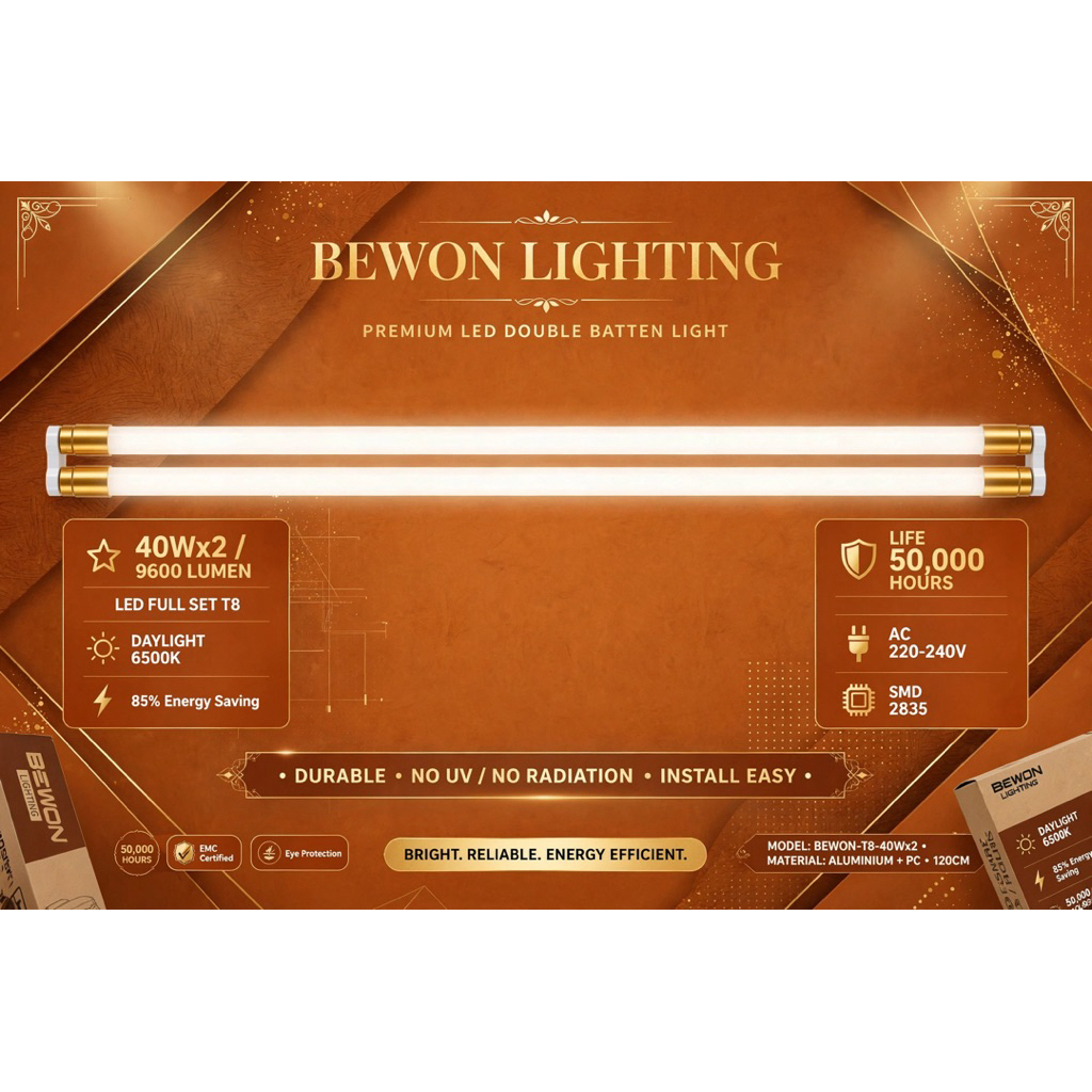 (ยกลังถูกกว่า) BEWON LIGHTING - โคมรางนีออนคู่ LED Full Set T8 40Wx2 9600 LUMEN สว่าง x2 คุ้ม x2 จบในชุดเดียว พร้อมติด